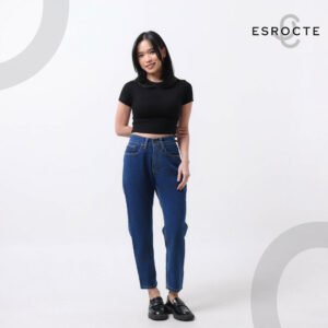 ESROCTE Rhea Pants | Celana Mom Jeans dengan Karet Belakang High-Waist Wanita –Navy– 26–38 (NEW SIZE) - Gambar 4
