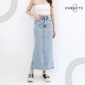 ESROCTE Rok Skirt Rubber Mid Waist Panjang Jeans Wanita P84 - Blue Snow 26-38