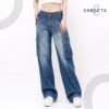 ESROCTE Celana Loose Cargo Pocket High Waist Jeans Wanita?P83?-?Navy Whisker Spray 26-38