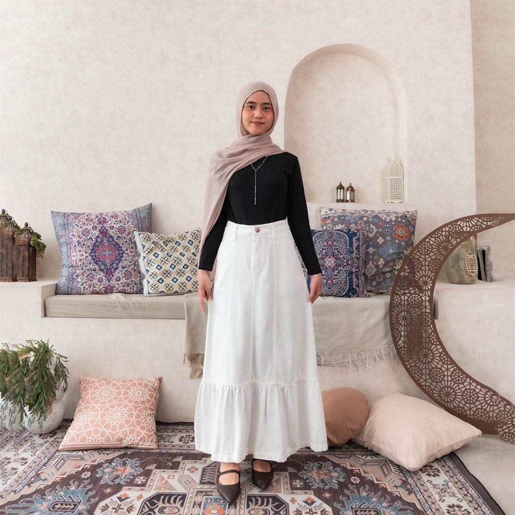 ESROCTE Raya Skirt P108 | Casual Denim Skirt With Ruffled Hem High-Waist Wanita - Plain- S-XXL