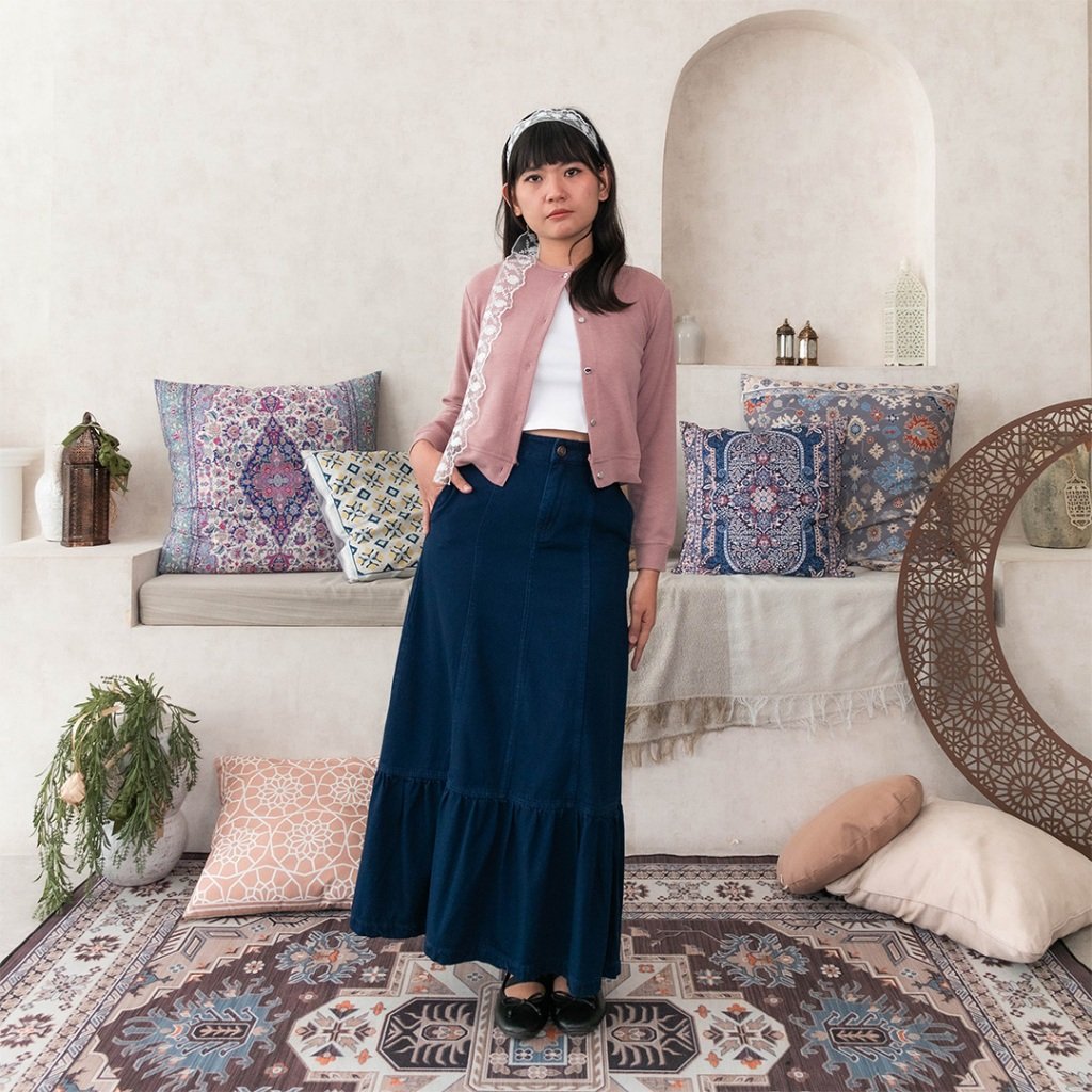 ESROCTE Raya Skirt P108 | Casual Denim Skirt With Ruffled Hem High-Waist Wanita - Plain- S-XXL - Gambar 4