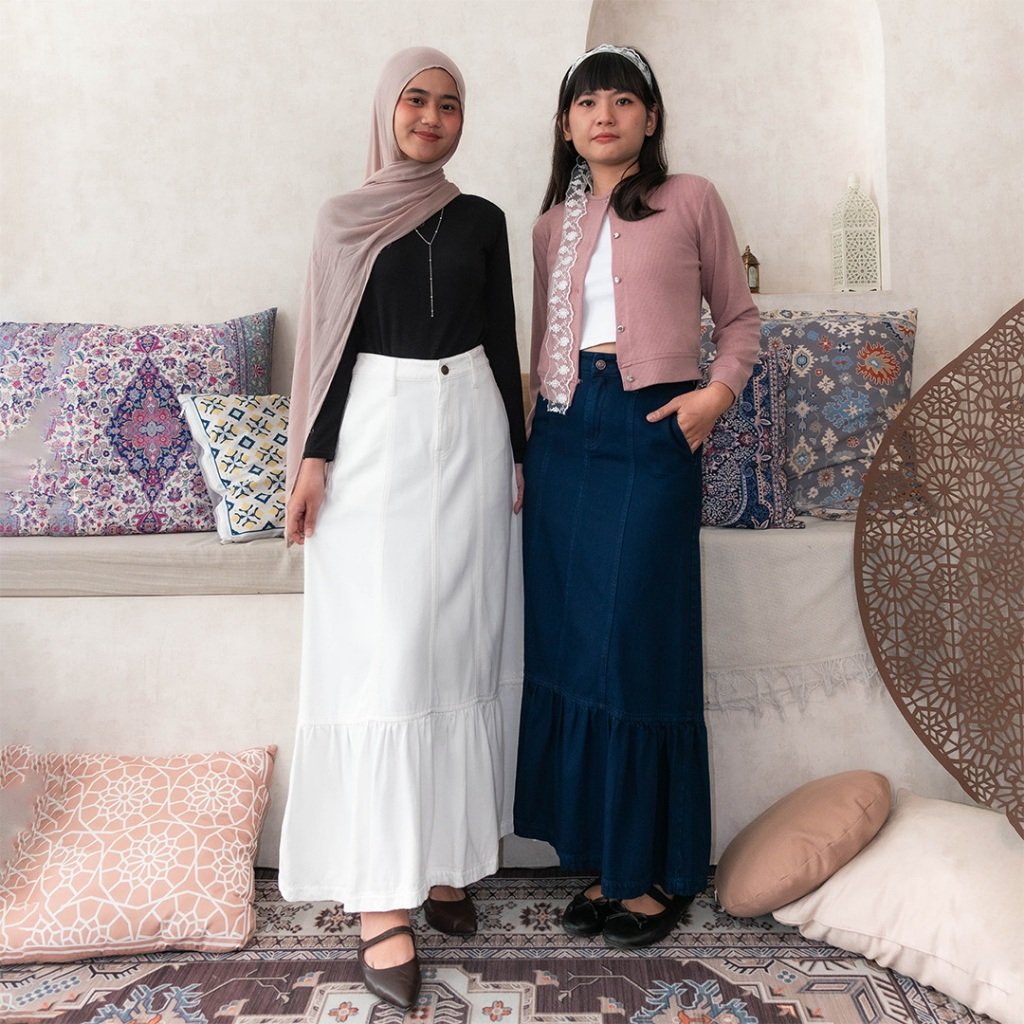 ESROCTE Raya Skirt P108 | Casual Denim Skirt With Ruffled Hem High-Waist Wanita - Plain- S-XXL - Gambar 6